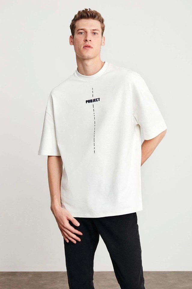 Unisex Baskılı Oversize T-shirt - Beyaz
