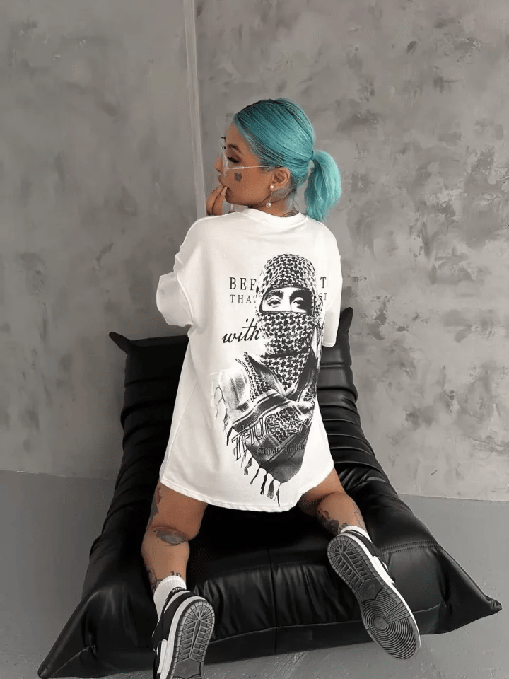 Unisex Baskılı Oversize T-shirt - Beyaz
