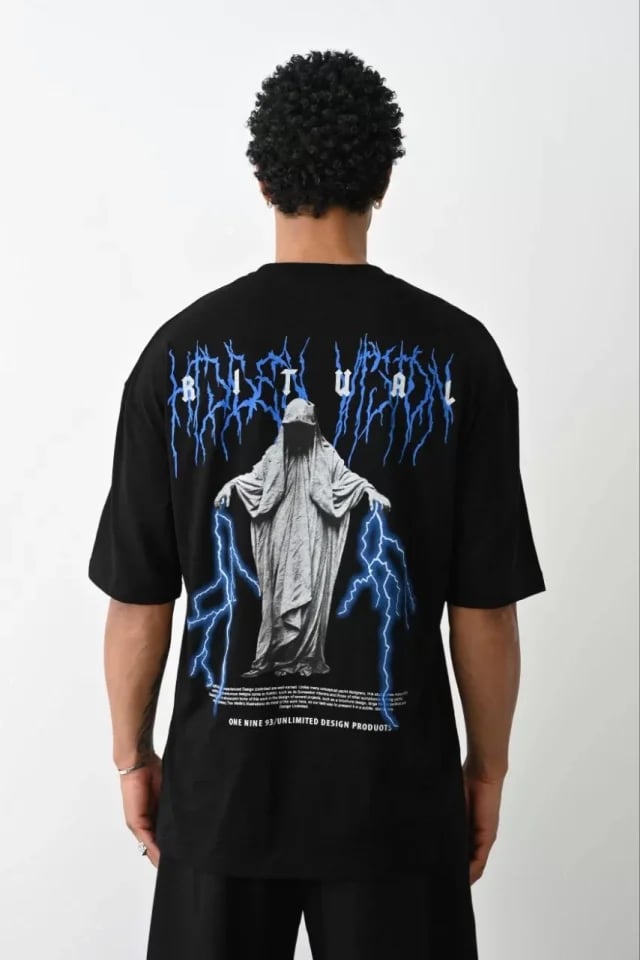 Unisex Baskılı Oversize T-shirt - Siyah