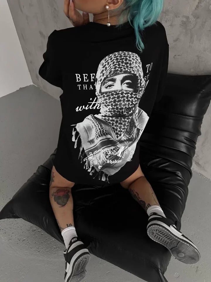 Unisex Baskılı Oversize T-shirt - Siyah