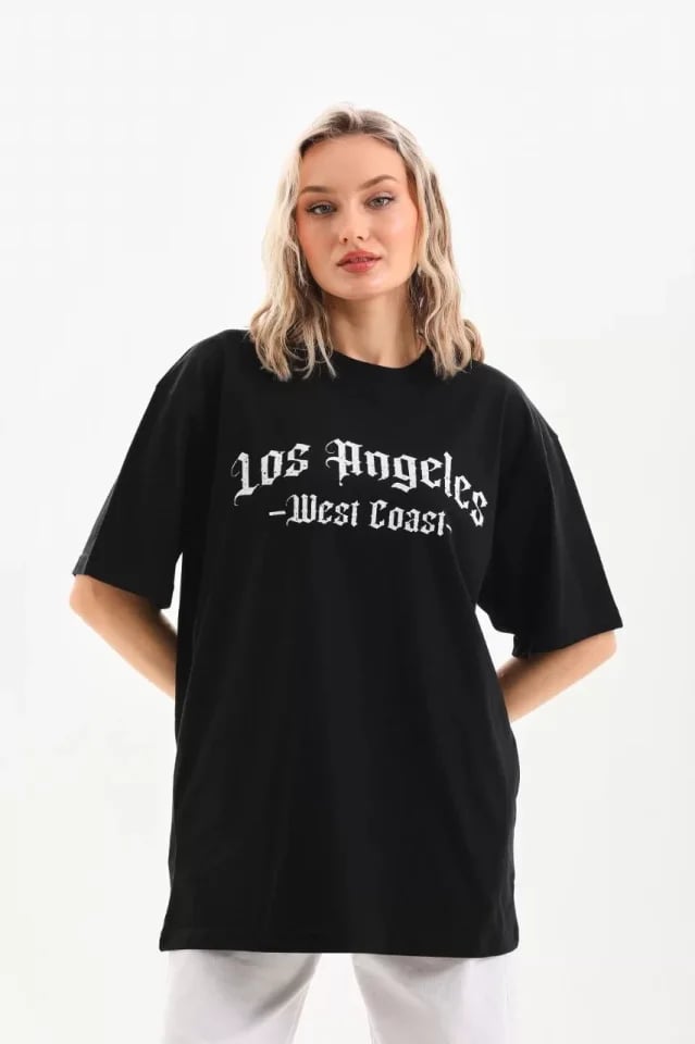 Unisex Baskılı Oversize T-shirt - Siyah