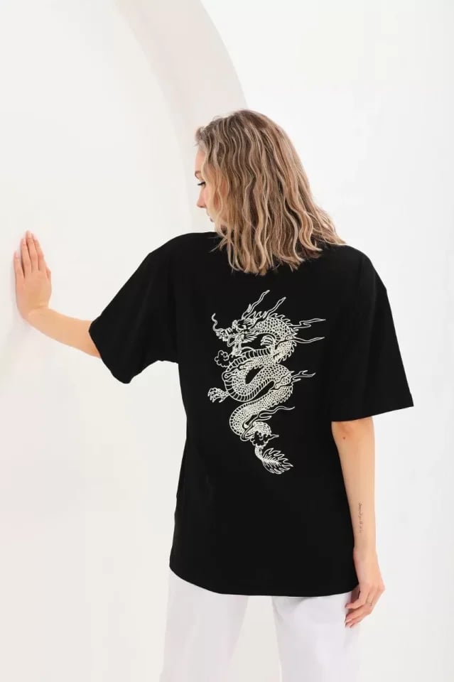 Unisex Baskılı Oversize T-shirt - Siyah