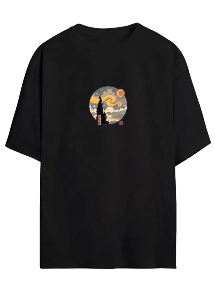 Unisex Baskılı Oversize T-shirt - Siyah