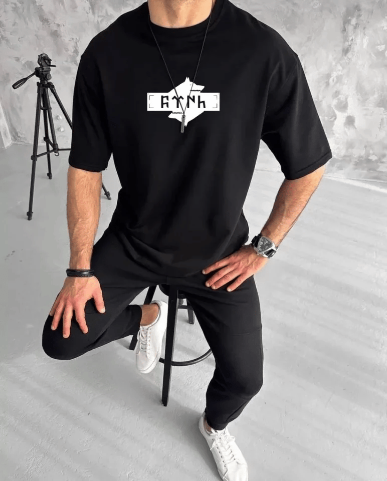 Unisex Bisiklet Yaka Baskılı Double Oversize T-shirt - Siyah
