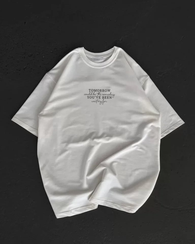 Unisex Bisiklet Yaka Baskılı Oversize T-shirt - Beyaz