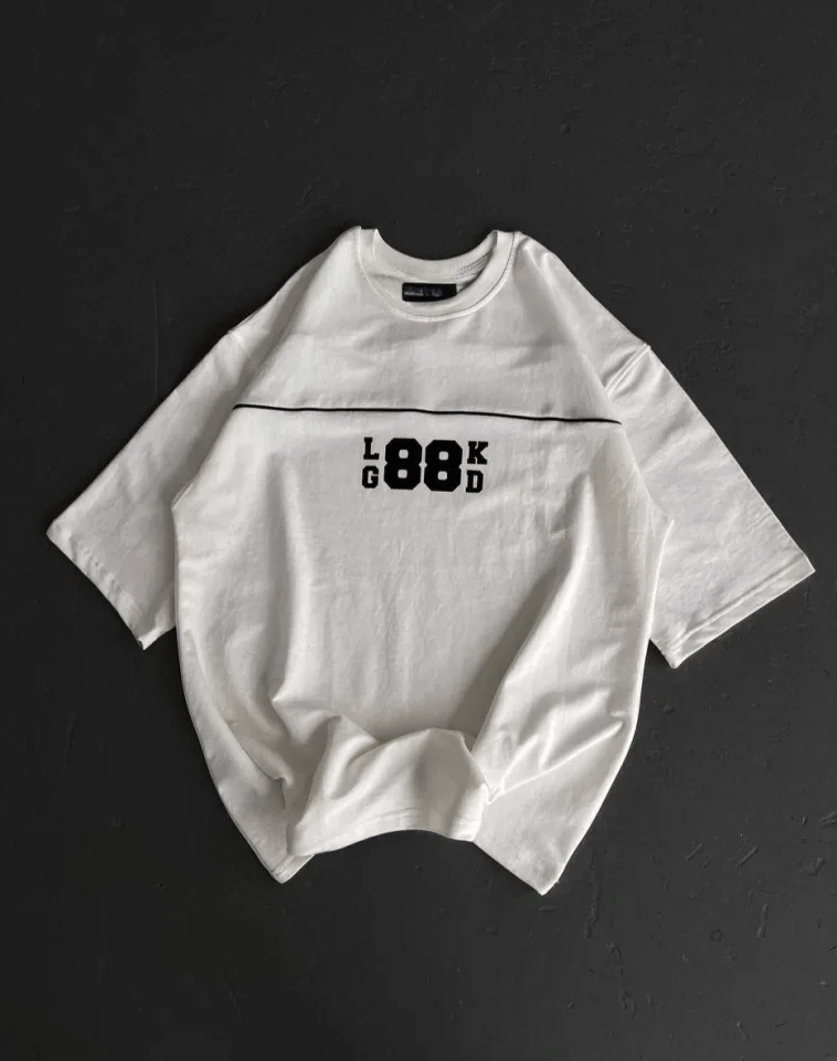 Unisex Bisiklet Yaka Baskılı Oversize T-shirt - Beyaz
