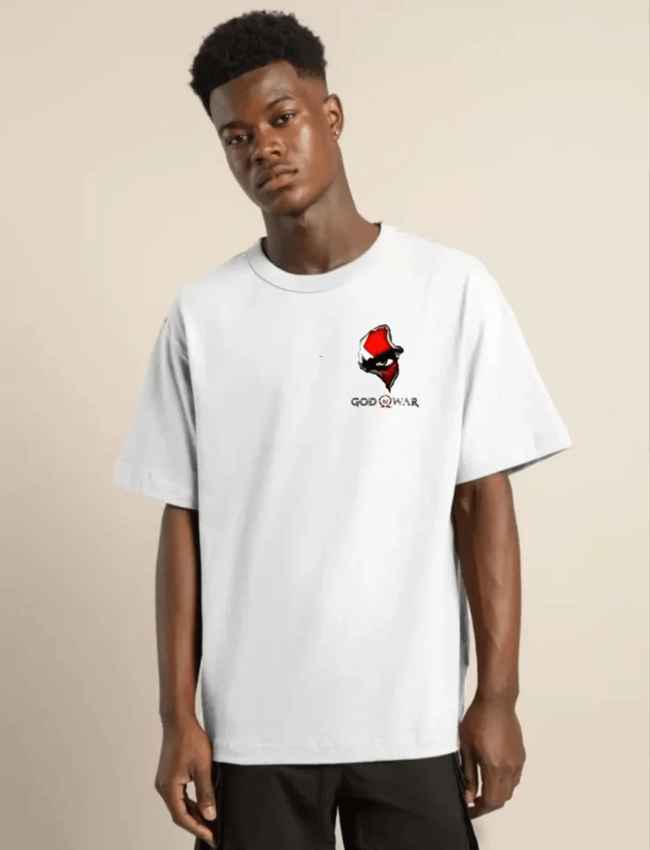 Unisex Bisiklet Yaka Baskılı Oversize T-shirt - Beyaz