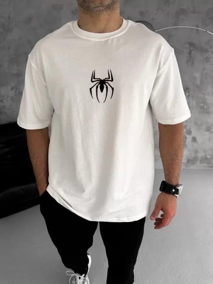 Unisex Bisiklet Yaka Baskılı Oversize T-shirt - Beyaz