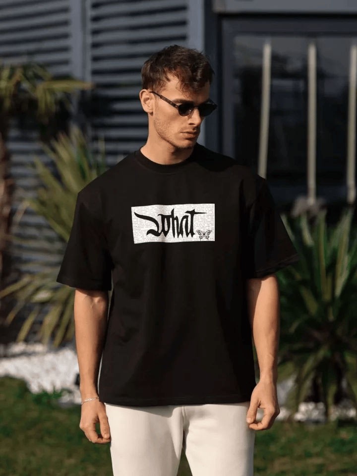 Unisex Bisiklet Yaka Baskılı Oversize T-shirt - Siyah