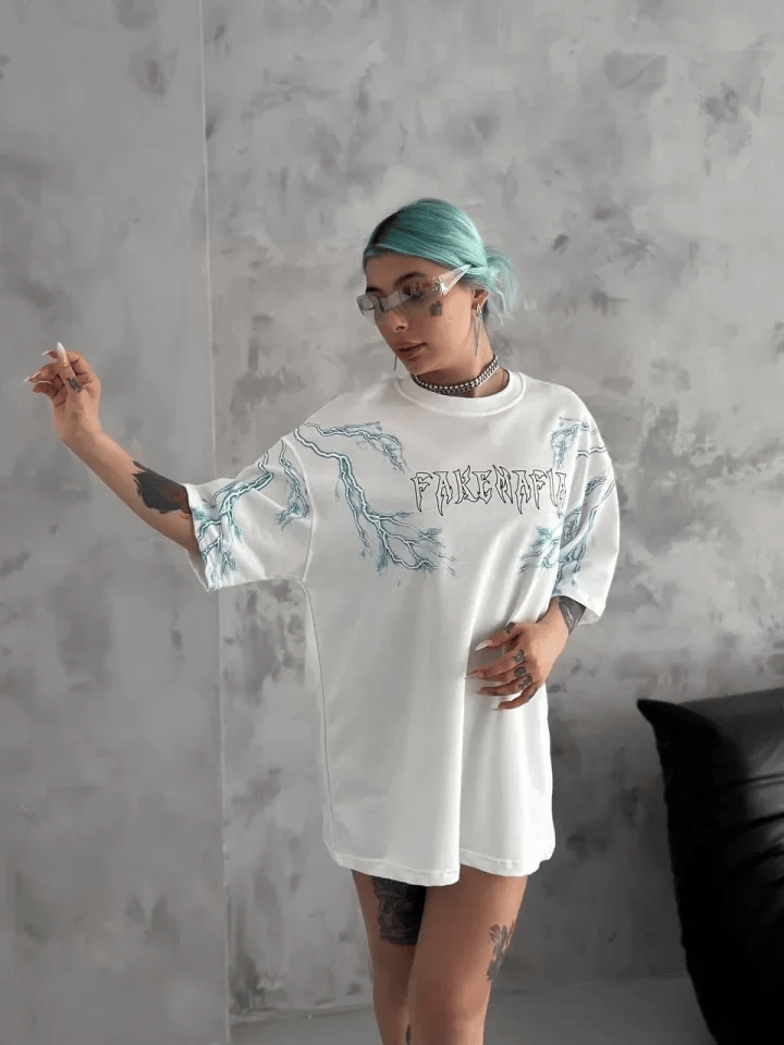 Unisex Bisiklet Yaka Baskılı Oversize T-shirt - Beyaz