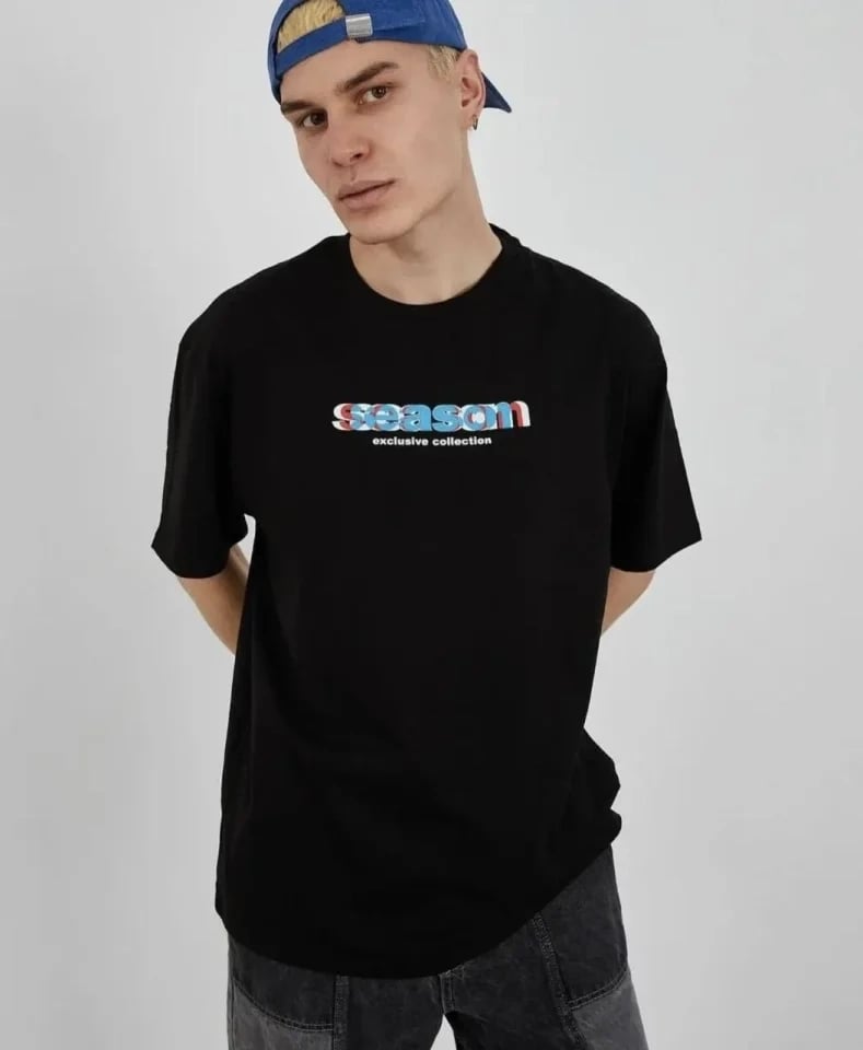 Unisex Bisiklet Yaka Baskılı Oversize T-shirt - Siyah