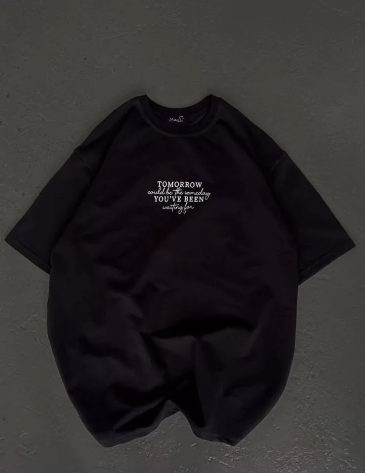Unisex Bisiklet Yaka Baskılı Oversize T-shirt - Siyah