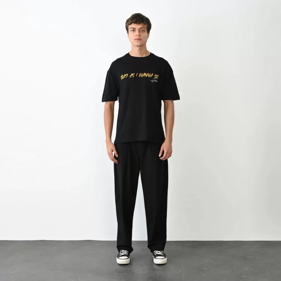 Unisex Bisiklet Yaka Baskılı Oversize T-shirt - Siyah