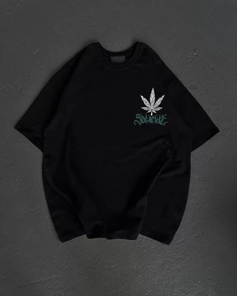 Unisex Bisiklet Yaka Baskılı Oversize T-shirt - Siyah
