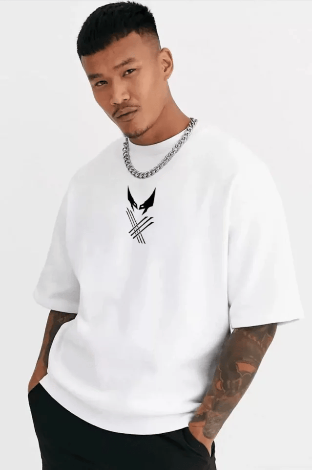 Unisex Bisiklet Yaka Baskılı Oversize T-shirt - Beyaz