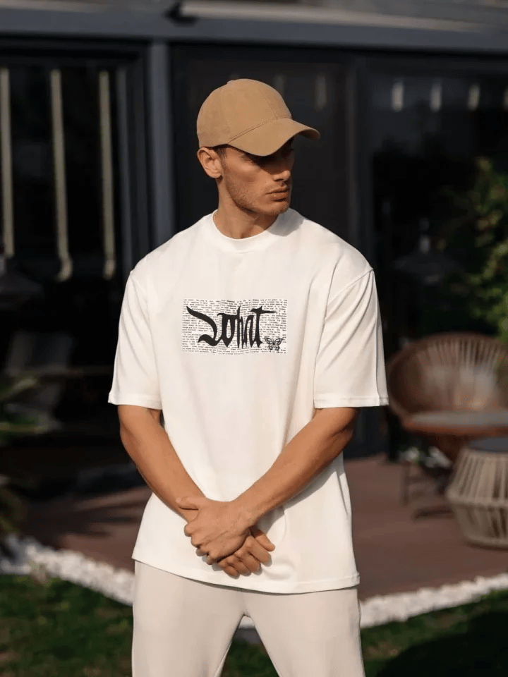 Unisex Bisiklet Yaka Baskılı Oversize T-shirt - Beyaz