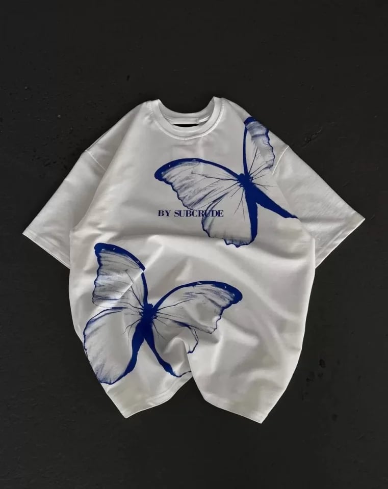 Unisex Bisiklet Yaka Baskılı Oversize T-shirt - Beyaz