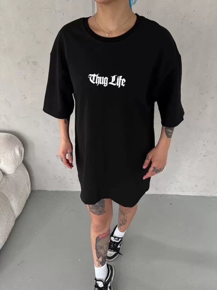 Unisex Bisiklet Yaka Baskılı Oversize T-shirt - Siyah