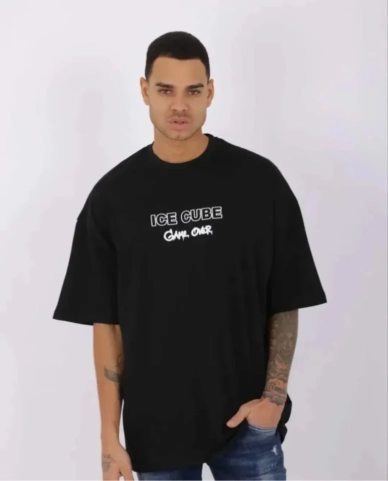 Unisex Bisiklet Yaka Baskılı Oversize T-shirt - Siyah
