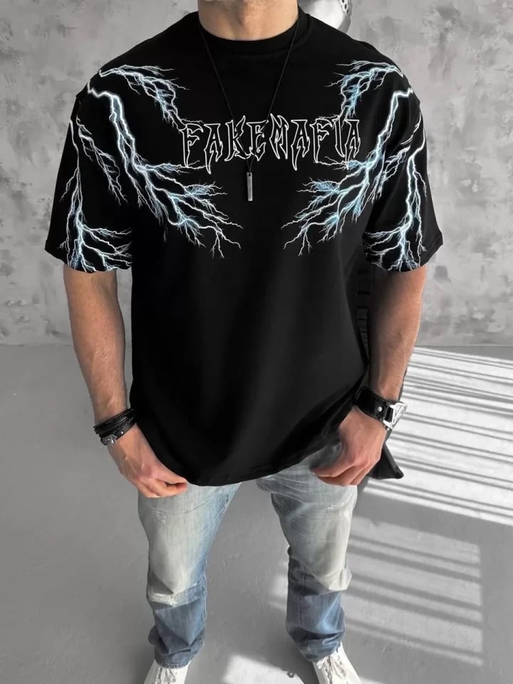 Unisex Bisiklet Yaka Baskılı Oversize T-shirt-siyah