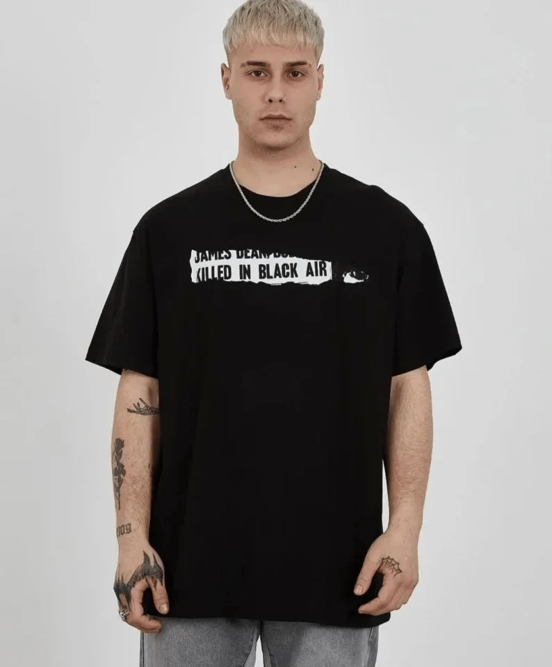Unisex Bisiklet Yaka Baskılı Oversize T-shirt - Siyah