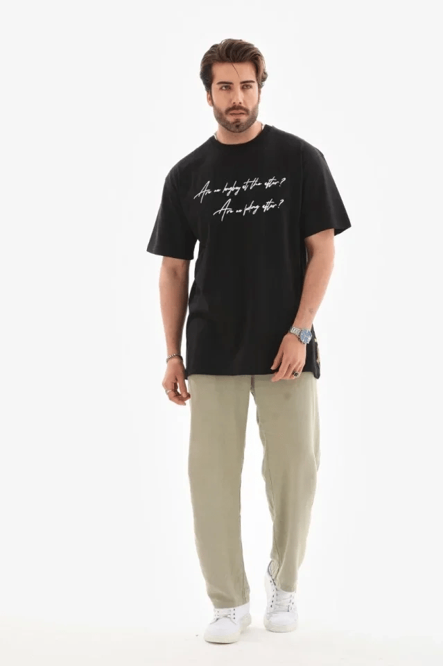 Unisex Bisiklet Yaka Baskılı Oversize T-shirt - Siyah