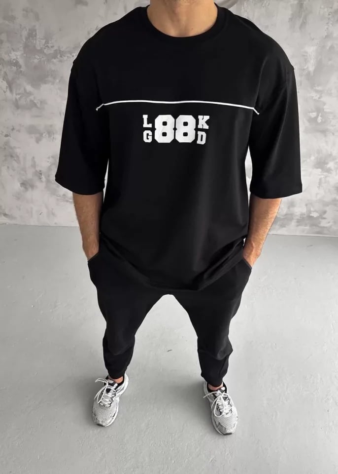 Unisex Bisiklet Yaka Baskılı Oversize T-shirt - Siyah
