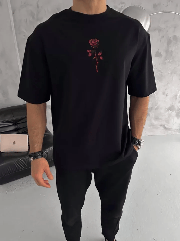 Unisex Bisiklet Yaka Baskılı Oversize T-shirt - Siyah