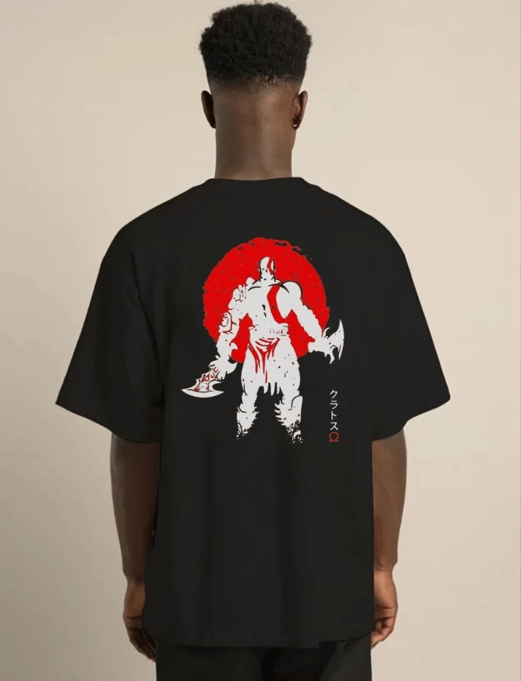 Unisex Bisiklet Yaka Baskılı Oversize T-shirt - Siyah