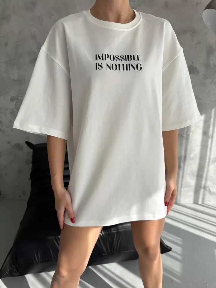 Unisex Bisiklet Yaka Baskılı Oversize T-shirt - Beyaz