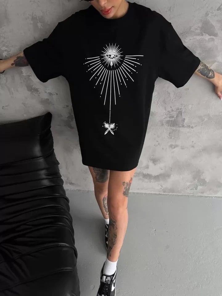 Unisex Bisiklet Yaka Baskılı Oversize T-shirt - Siyah