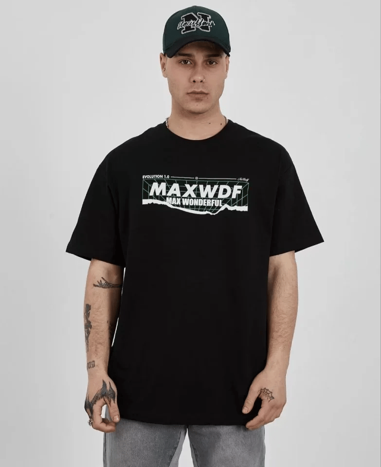 Unisex Bisiklet Yaka Baskılı Oversize T-shirt - Siyah