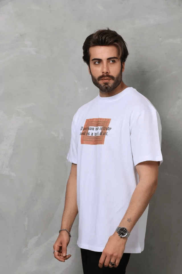 Unisex Bisiklet Yaka Baskılı Oversize T-shirt - Beyaz