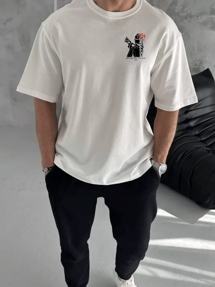 Unisex Bisiklet Yaka Baskılı Oversize T-shirt - Beyaz
