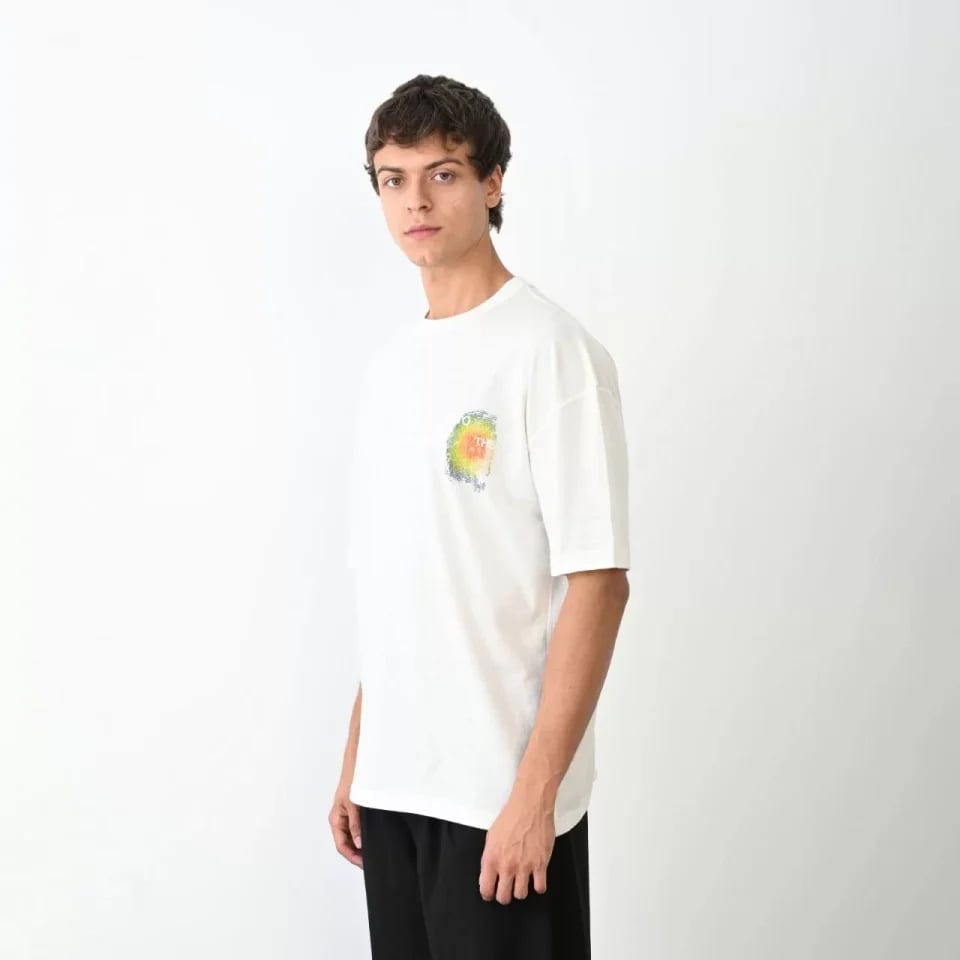 Unisex Bisiklet Yaka Baskılı Oversize T-shirt - Beyaz
