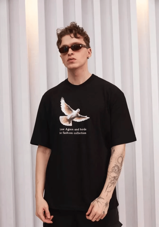 Unisex Bisiklet Yaka Baskılı Oversize T-shirt - Siyah