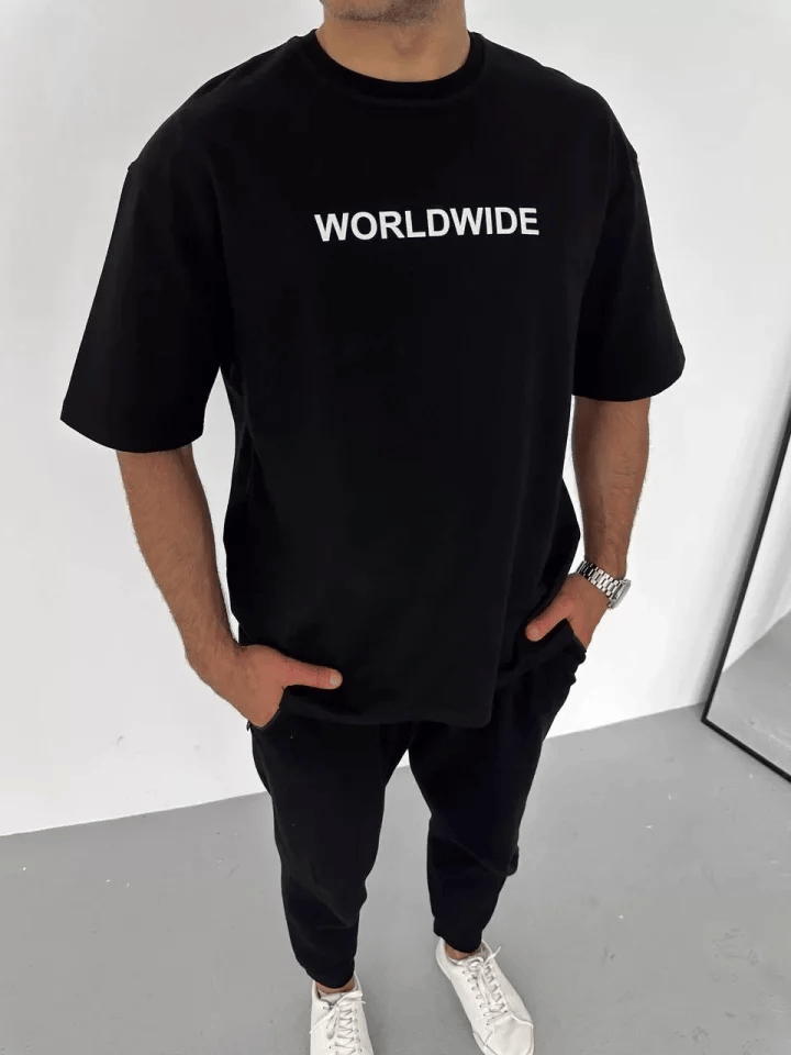 Unisex Bisiklet Yaka Baskılı Oversize T-shirt - Siyah