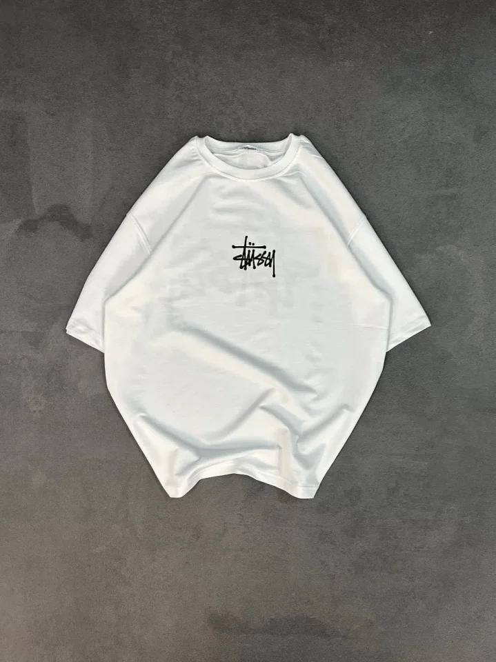 Unisex Bisiklet Yaka Baskılı Oversize T-shirt - Beyaz