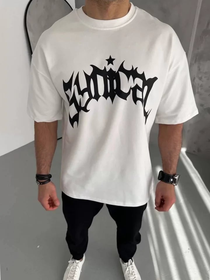 Unisex Bisiklet Yaka Baskılı Oversize T-shirt - Beyaz