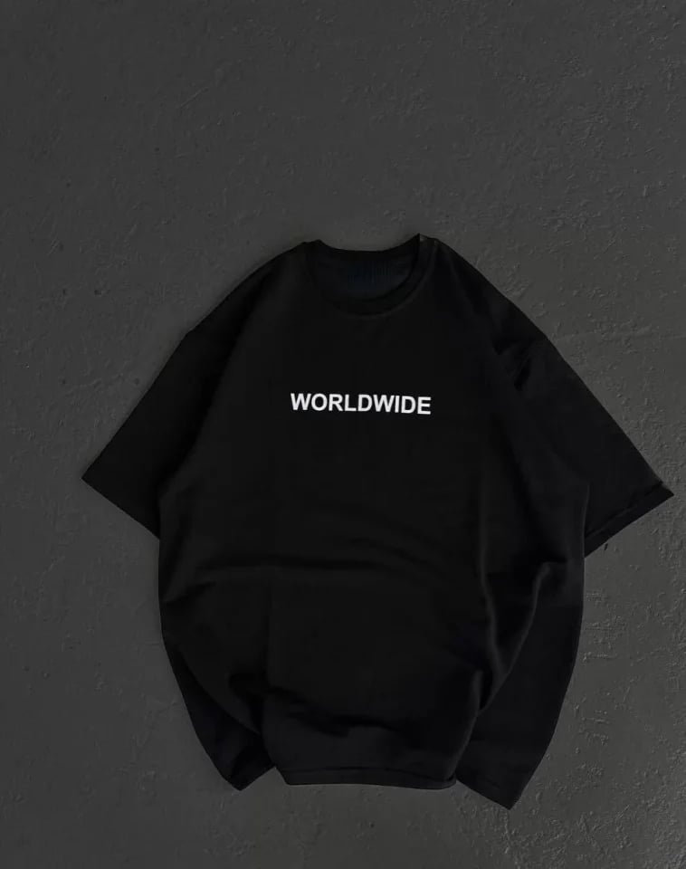 Unisex Bisiklet Yaka Baskılı Oversize T-shirt - Siyah