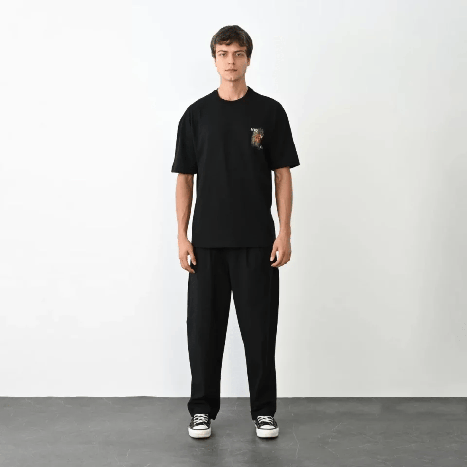 Unisex Bisiklet Yaka Baskılı Oversize T-shirt - Siyah