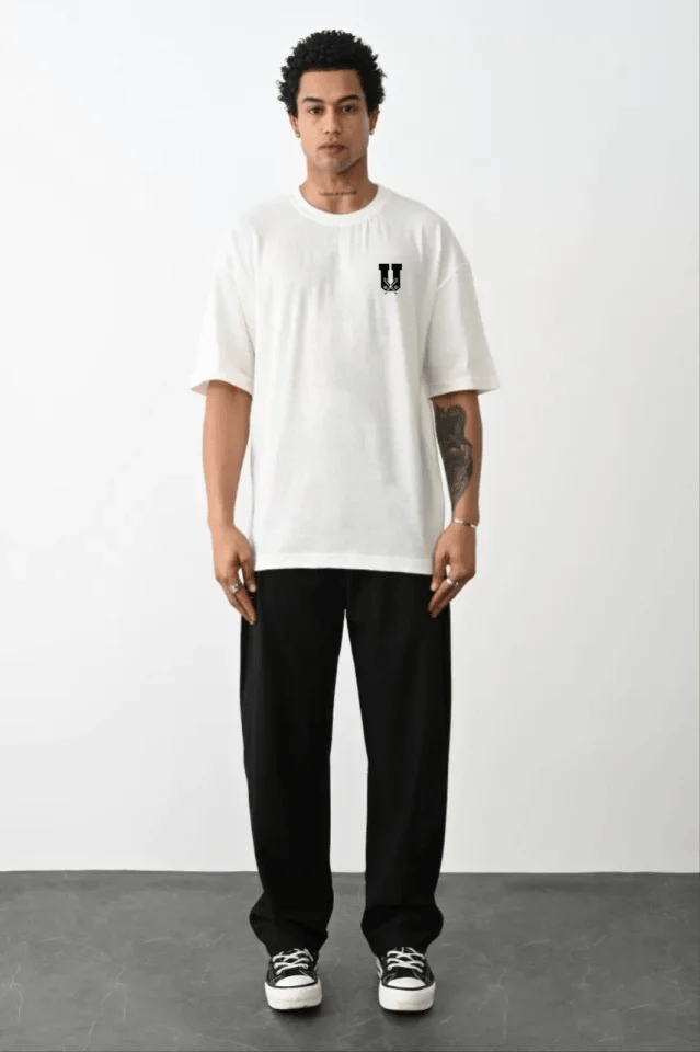Unisex Bisiklet Yaka Baskılı Oversize T-shirt - Beyaz