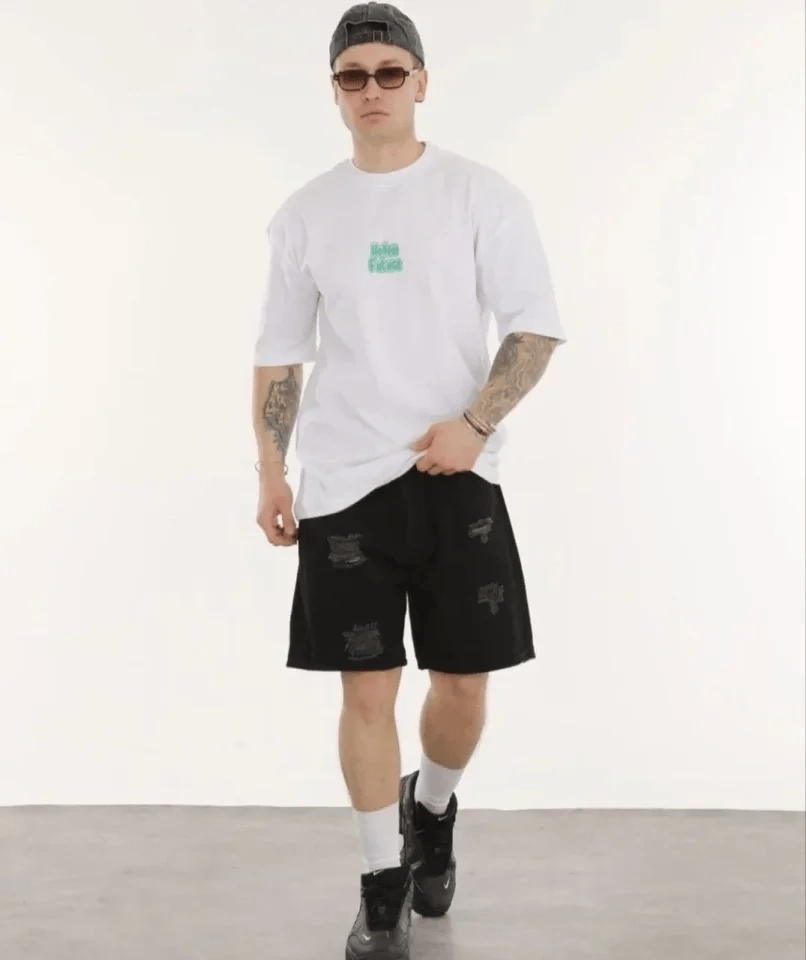 Unisex Bisiklet Yaka Baskılı Oversize T-shirt - Beyaz