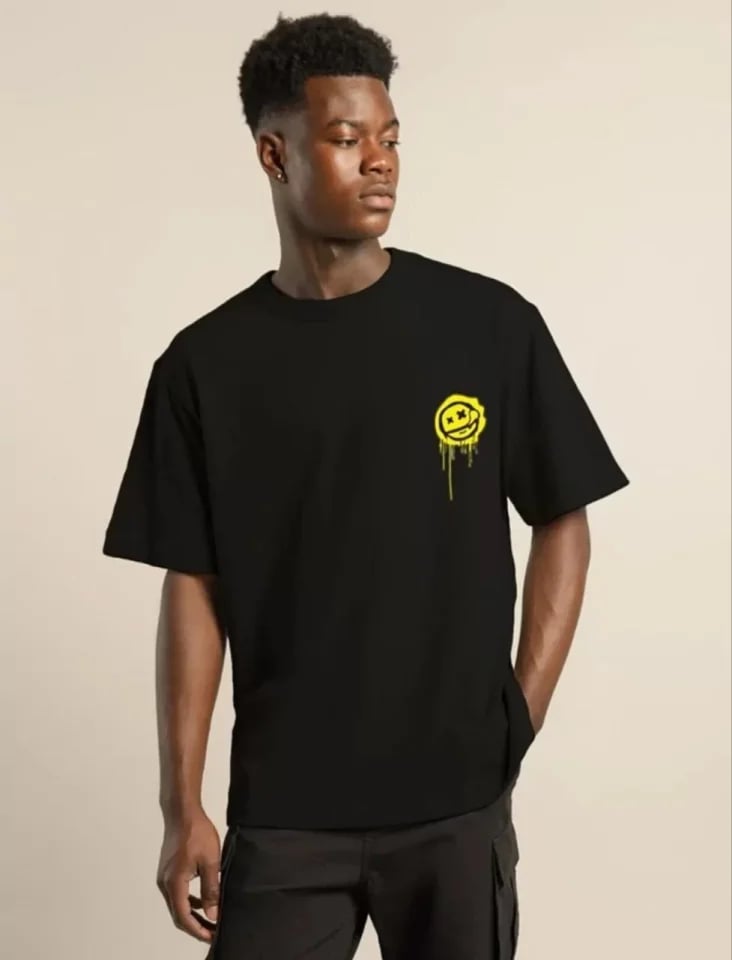 Unisex Bisiklet Yaka Baskılı Oversize T-shirt - Siyah