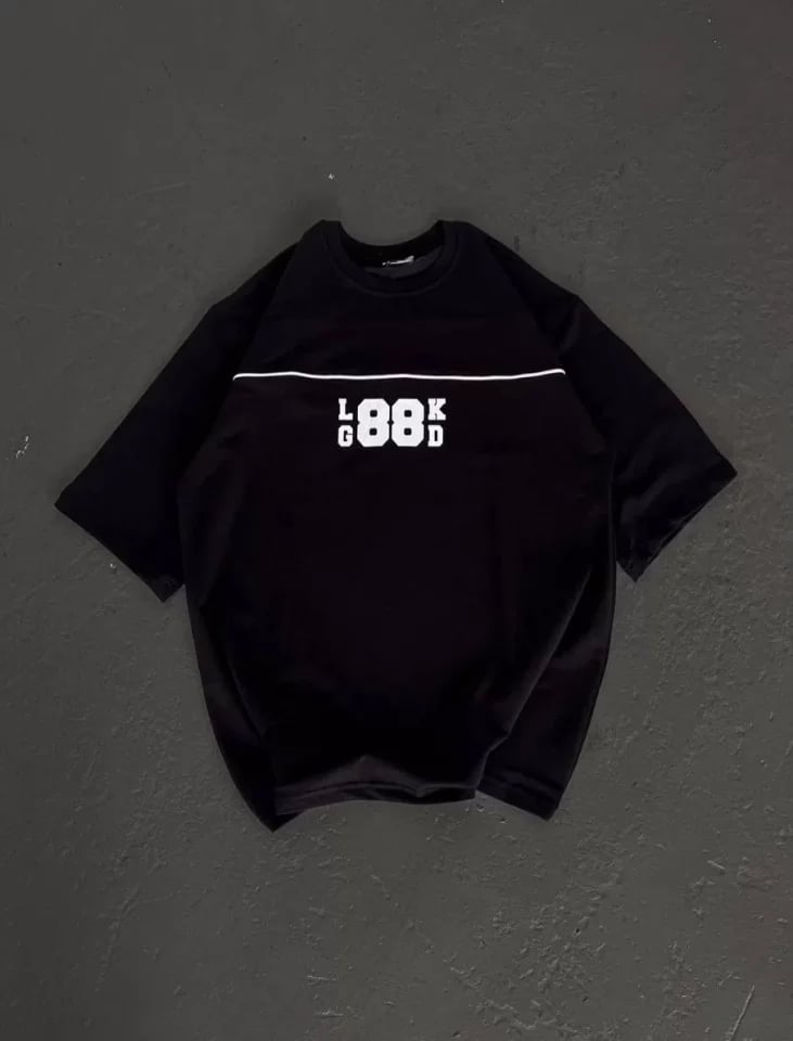 Unisex Bisiklet Yaka Baskılı Oversize T-shirt - Siyah