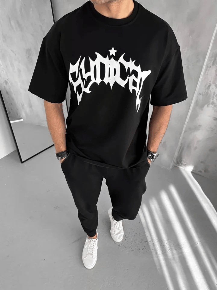 Unisex Bisiklet Yaka Baskılı Oversize T-shirt - Siyah