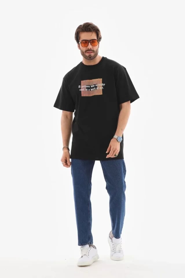 Unisex Bisiklet Yaka Baskılı Oversize T-shirt - Siyah