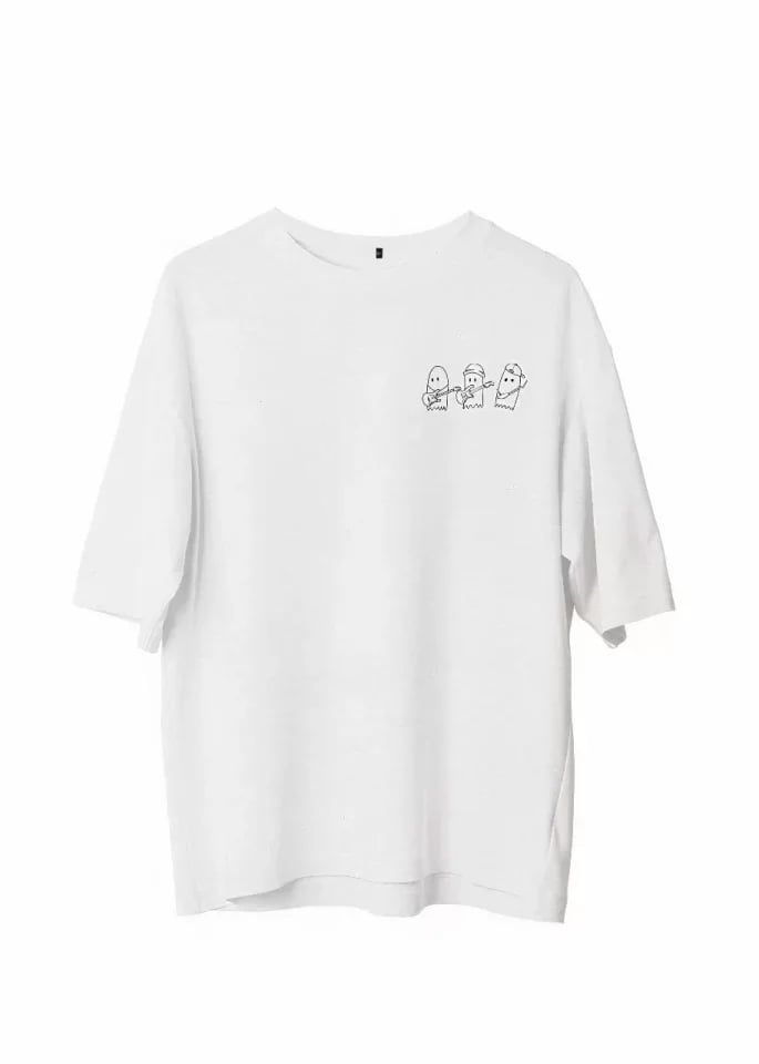 Unisex Bisiklet Yaka Baskılı Oversize T-shirt - Beyaz