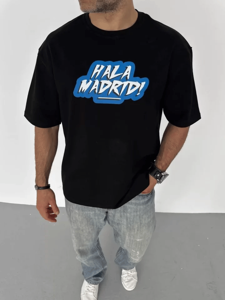 Unisex Bisiklet Yaka Baskılı Oversize T-shirt - Siyah