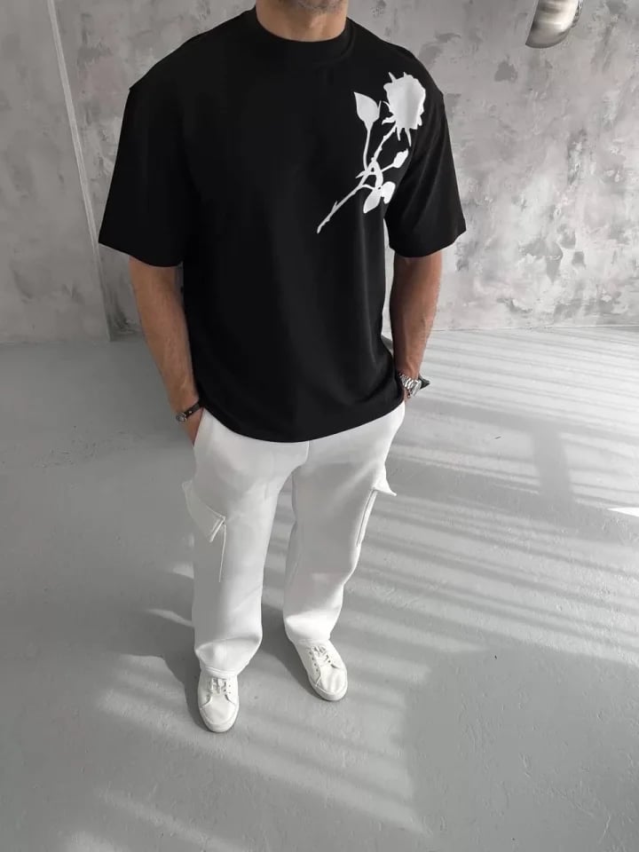 Unisex Bisiklet Yaka Baskılı Oversize T-shirt - Siyah